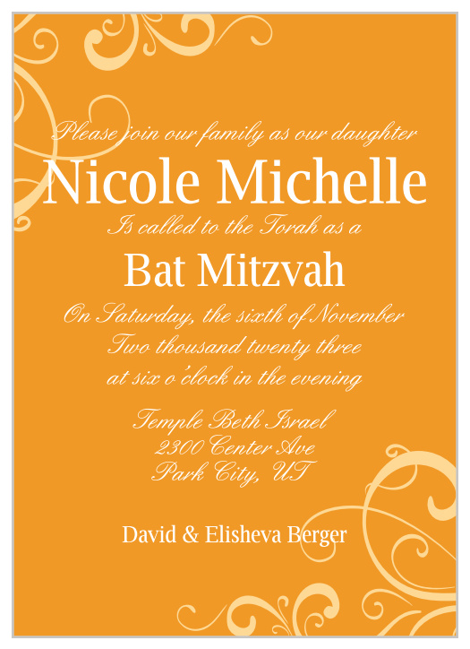 The Whimsical Swirls Bat Mitzvah invitations are a simple yet elegant design that allows you to chance the colors of each swirls, text, and background of the card.