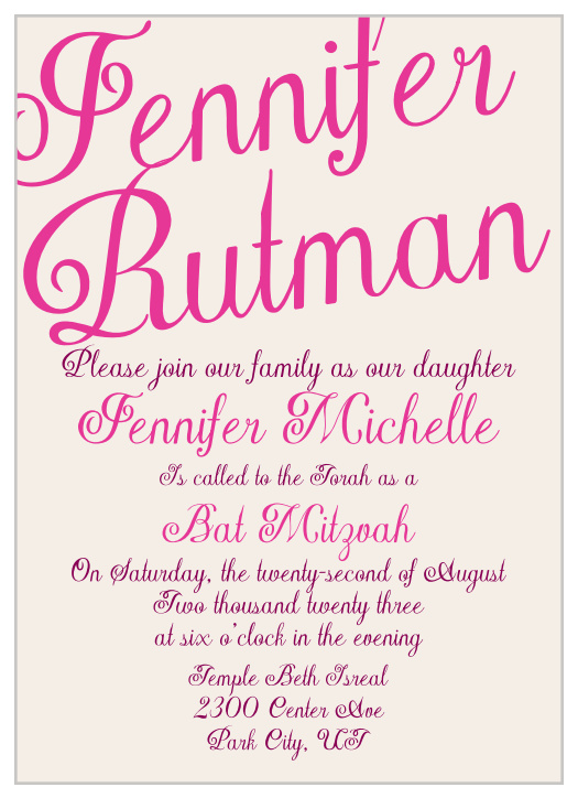 The Modern Elegance Bat Mitzvah invitations offer a stylish sophistication with its calligraphy style text and simple layout it can be personalized to fit any style.