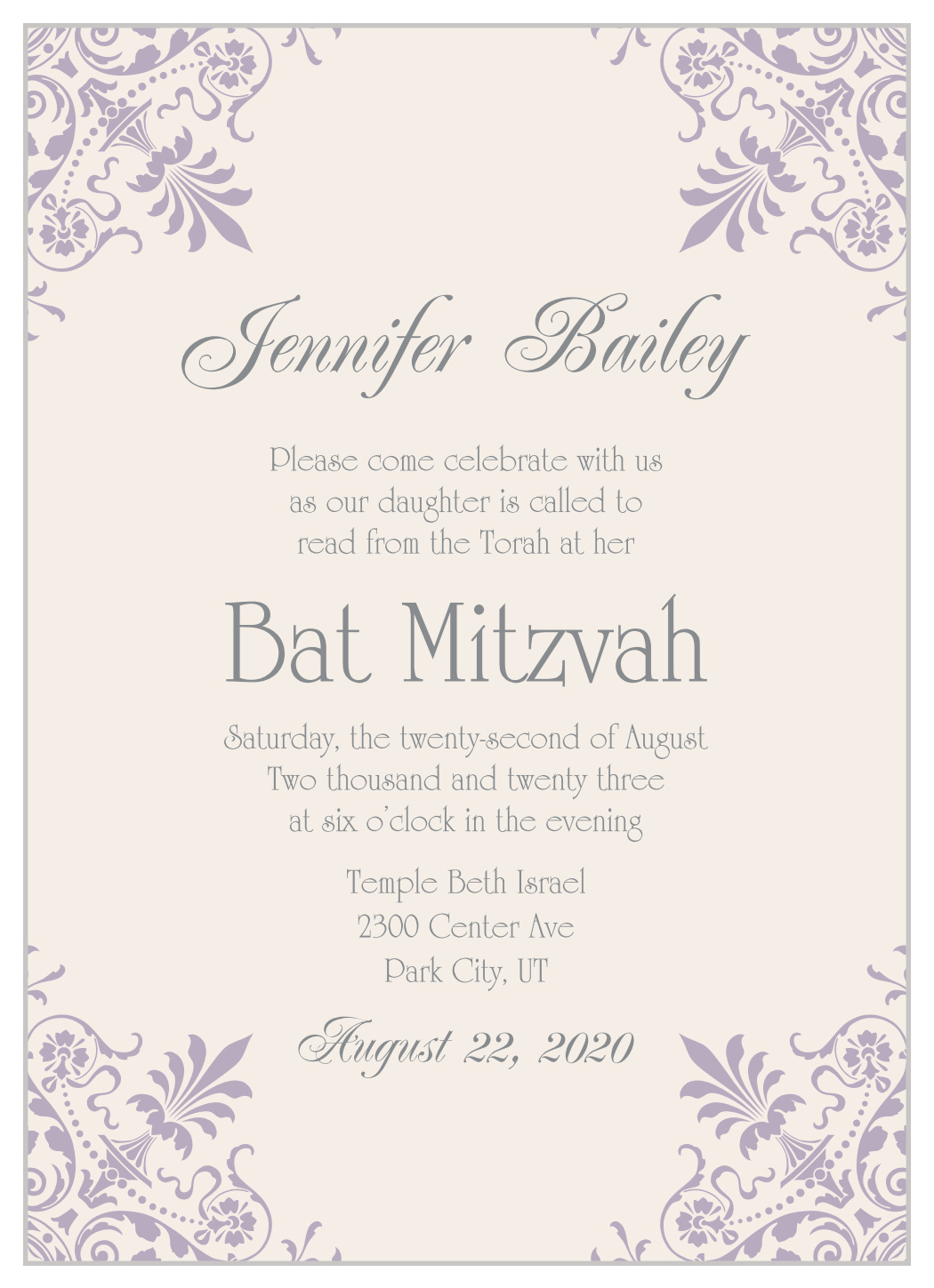 Elegant Corners Bat Mitzvah Invitations