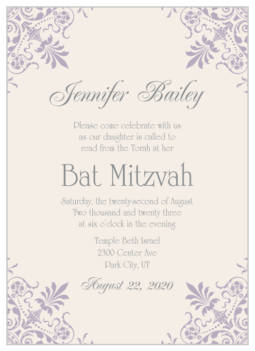 The Elegant Corners Bat Mitzvah invitations offer a vintage style with a intricate damask design shooting toward the center highlighting the important details of your invite.