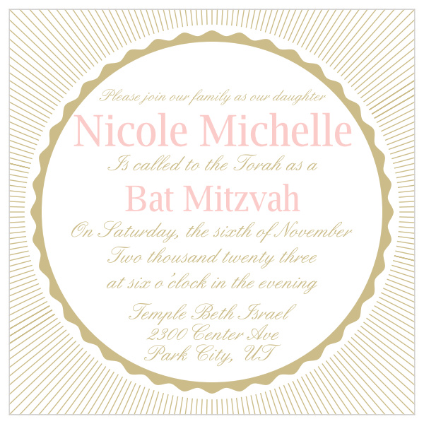 The Shining Star Bat Mitzvah invitations radiates fun with what seems like a slivers of light shooting out from the middle of the card.