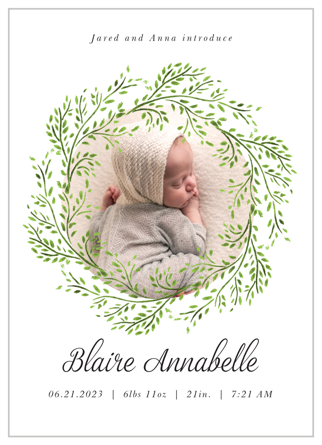 Leafy Wreath Girl Birth Announcements