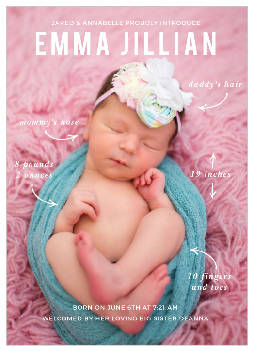 Our Arrow Stats Girl Birth Announcements are cute and unique designs to easily share information about your new baby with your loved ones!