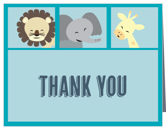 Our Animal Frame Baby Shower Thank You Cards tie in perfectly with the animal baby shower invitations with the same set of animals at the top of the card.