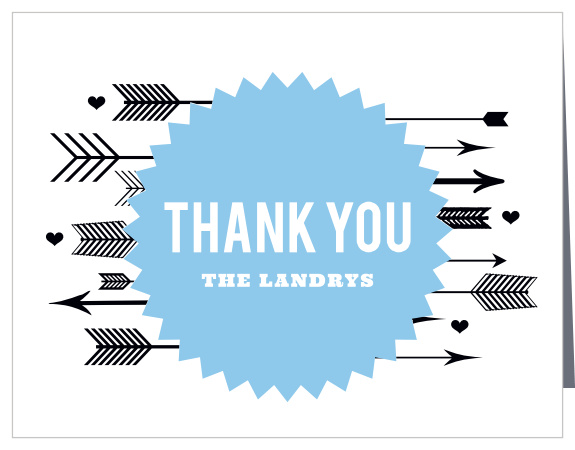 The Retro Arrow baby shower thank you cards keep the same theme as the Retro Arrow shower invitations for a seamless transition from invite to thank you.
