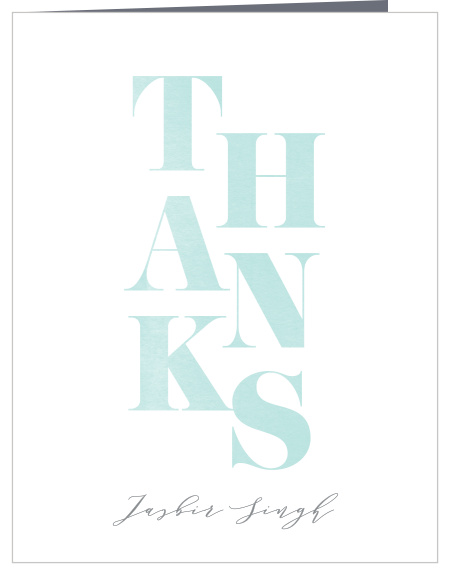 The Baby Boy Boutique baby shower thank you cards have your thanks stacked in the center with your name signing the bottom. 