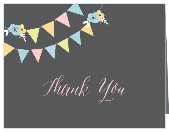 The Banner Party Baby Shower Thank You Cards are charming with their multicolored bunting banners. 