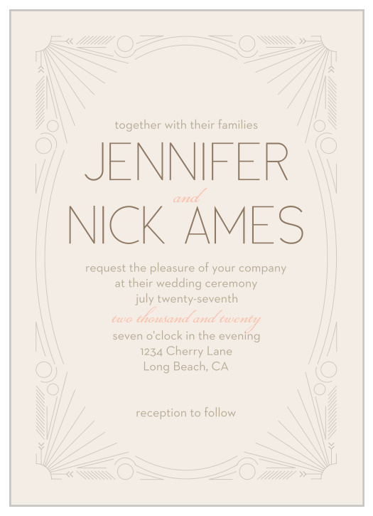 Your guests will be delighted when they receive our Framed Art Deco Invitation. A beautifully simple illustration of an art deco frame surrounds all of your important info.