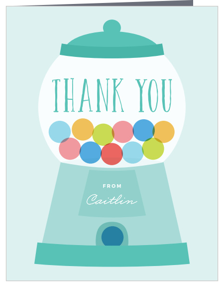 The Bubble Gum baby shower thank you cards have a bunting banner with the words baby shower above some nostalgic bubble gum dispensers.