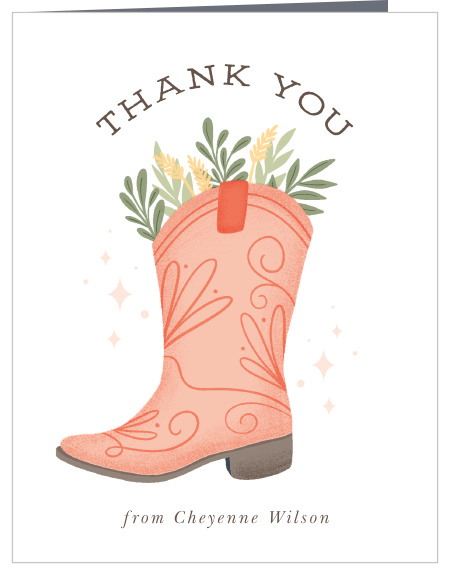 Yeehaw! Our Cowgirl Boots baby shower thank you cards simple and fun with a super cute boot icon on the front. 