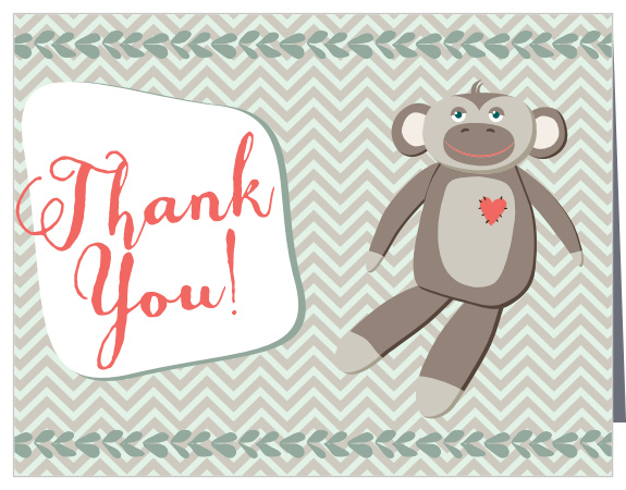 The Monkey Tribe Baby Shower Thank You Card pays homage to the good old days with an adorable sock monkey, and also offers a modern flair with the super cute chevron background. 