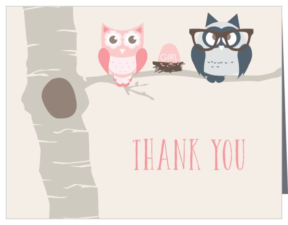 The Owl Parents Girl Baby Shower Thank You Card has an adorable parent and child owl illustration.