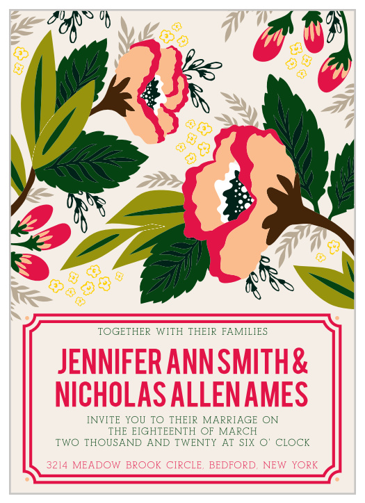 Our Bold Floral Wedding Invitation features a unique illustration of tropical flowers. Bright colors and fun bold lines make for an invitation that will stick out above the crowd.