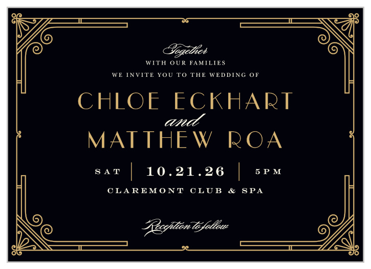 Kickstart your vintage, golden wedding, with our luxurious Night Deco Wedding Invitations!
