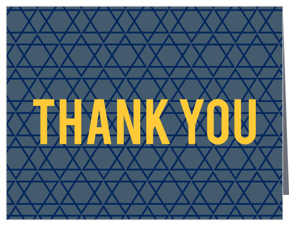 The Sectioned Perfection Bar Mitzvah Thank You card is sure to be a hit! Decorated with a bold font and Star of David pattern, you can't go wrong!