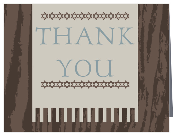 Nothing is more dramatic than the Single Shawl Bar Mitzvah Thank You Card, with a wood pattern background, draping shawl and endless customization possibilities, you cannot go wrong! 