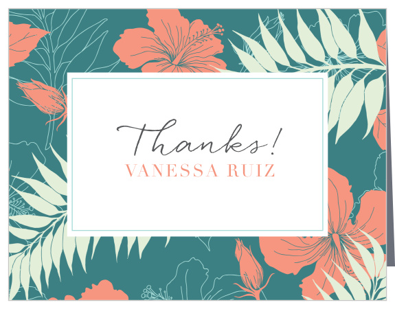 With it's jungle foliage design, your family and loved ones will be taken back to island paradise when they receive the Hawaiian Tropic Bridal Shower Thank You Card.  Customize the font, text and colors of this design to create a card unique to you!