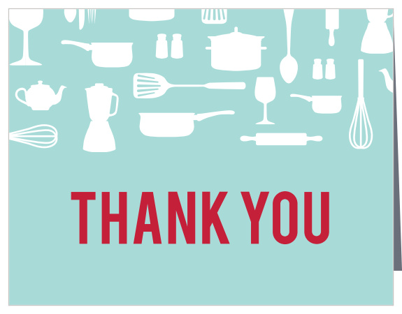 Decorated with pots, pans and rolling pins, thank your family and friends for helping stock your kitchen with the New Chef Bridal Shower Thank You Card. Customize each element to create a design as unique as you!