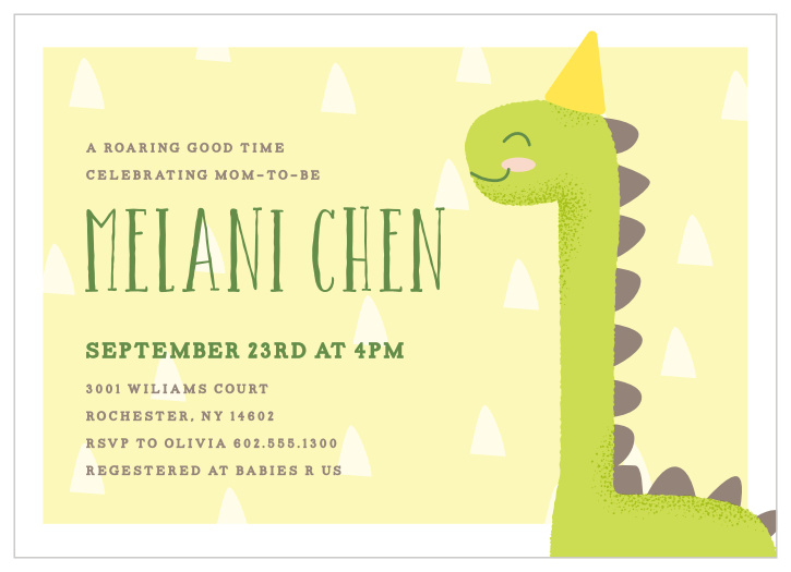 Customize the colors and fonts in this dinosaur themed baby shower invitation! Personalize it and see your changes instantly as you go! Have some fun creating your invitation one of a kind!