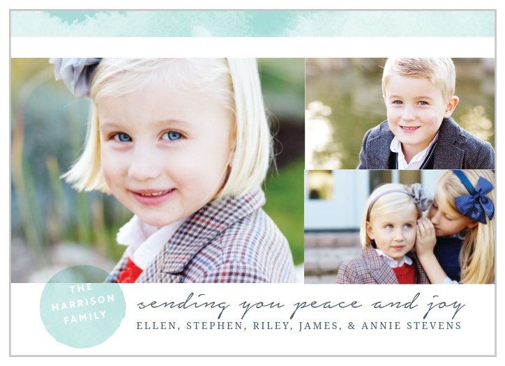 The Watercolor Peace holiday cards have a water color pattern across the top of the card with a dab or water color in the middle perfect for you family name. 