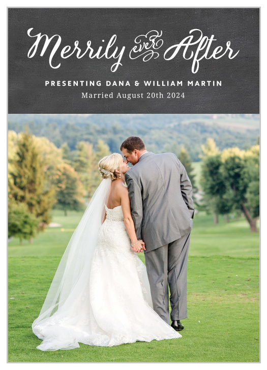 The simple chalkboard style border and beautiful script lettering atop of your favorite photo makes the Merrily Ever After Holiday Card a fantastic choice this holiday season.