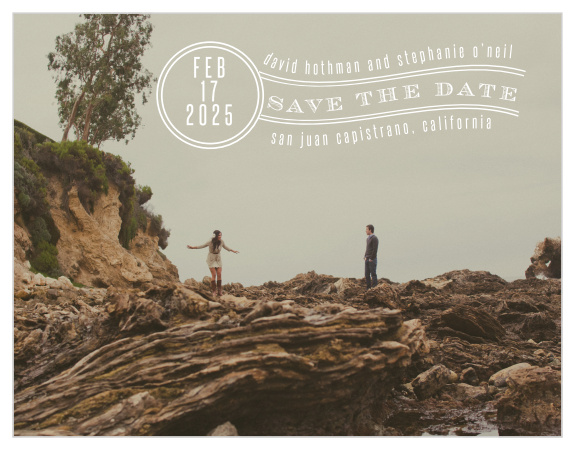 A large photo of your choosing takes center stage. A vintage postage stamp is emulated over the top, with places to provide your date and location.