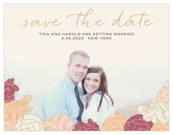 Stunning, multi-colored, rose blooms with gold accents adorn the bottom of your engagement photo for the Elegant Blooms Save-the-Date Cards.