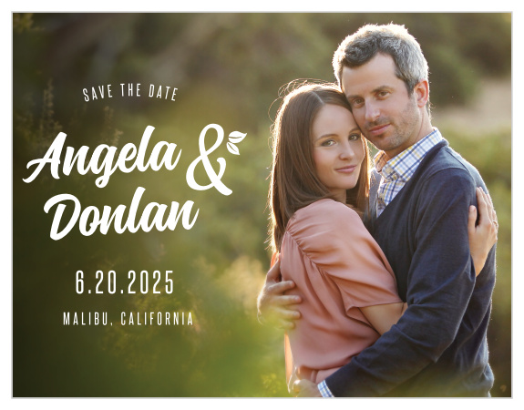 Decorative text with whimsical leaves accent your photo on the Floral Charm Save-the-Date Cards.