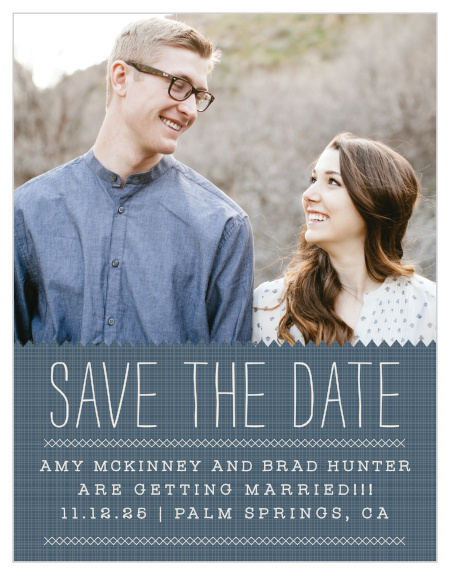 Announce your upcoming wedding with the homespun warmth of the Cross Stitched Save-the-Date Cards from the Love Vs Design Collection at Basic Invite.