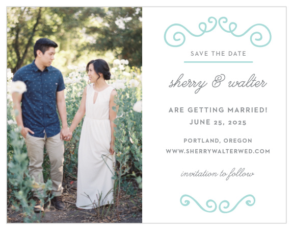 Chic, glass blue, swirling illustrations and a touch of curling calligraphy combine with your engagement photo to give the Classy & Curly Save-the-Date Magnets their flair.