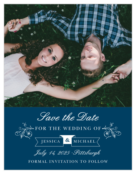 Below your engagement photo is a crisp and clean calligraphy accompanied by embellished accents and an illustrated banner for your names.