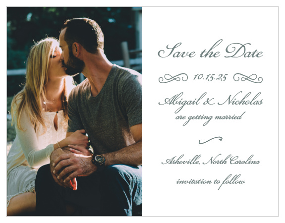 Choose one of your favorite engagement photos to decorate the left-hand side of our Rustic Elegance Save-the-Date Magnets, then detail the specifics of your wedding- your names, wedding date, and wedding location- on the right-hand side in a flowing calligraphy.