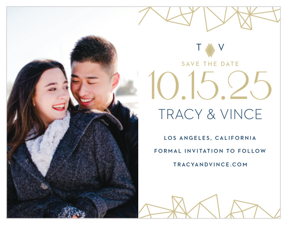 Three dimensional diamonds are tastefully scattered across the edges of the Modern Deco Save-the-Date Magnets.