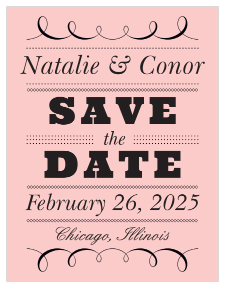 Featuring your names and the date and location in a gentle script, "Save the Date" in a bold block-style sans-serif, and with gentle swirls to serve as top and bottom borders, these Swirly Love Save-the-Date Magnets are perfect reminders for your guests.