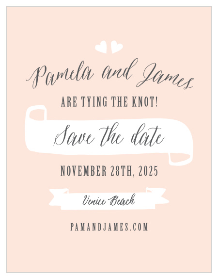 The Floating Ribbon Save The Date Magnets feature whimsical banners and romantic hearts to highlight your wedding day info.