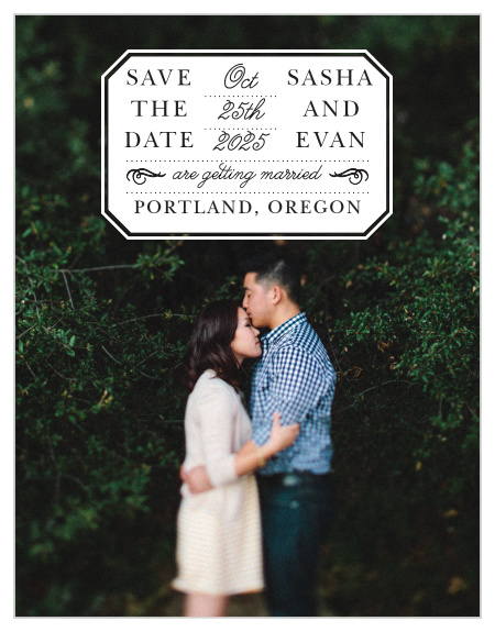 Featuring the vintage "French Label", adorned with curling calligraphy atop your engagement photo, these save the date magnets are a lovely choice for you to send to your loved ones! 
