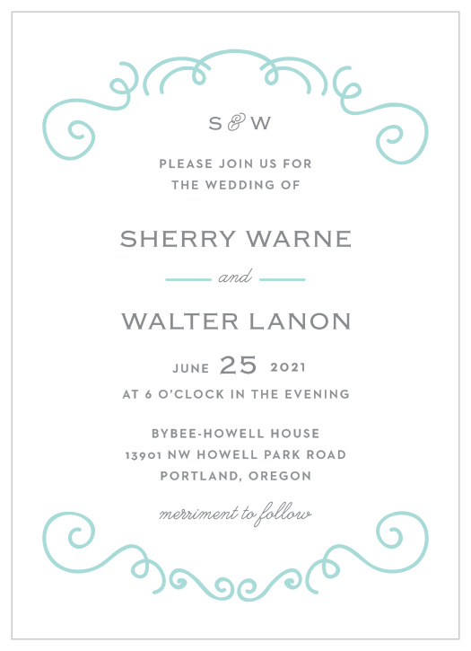 Chic, glass blue, swirling illustrations and a touch of curling calligraphy gives the Classy & Curly Wedding Invitations their flair.