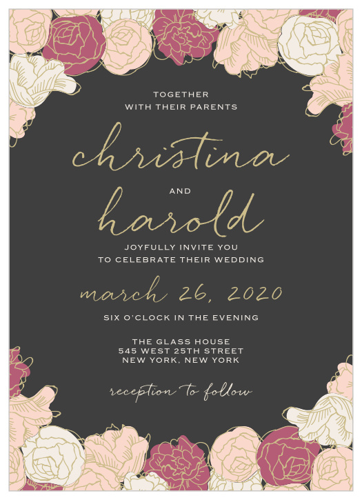 Stunning, multi-colored, rose blooms with gold accents adorn the edges of the Elegant Blooms Wedding Invitations.