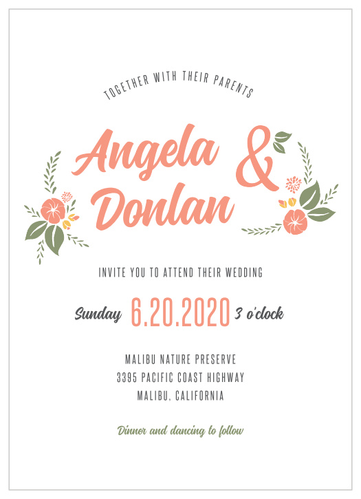 The Floral Charm Wedding Invitations are entirely customizable. Personalize their florals with our palette of more than 180 custom colors. Then preview them with your text instantly online.