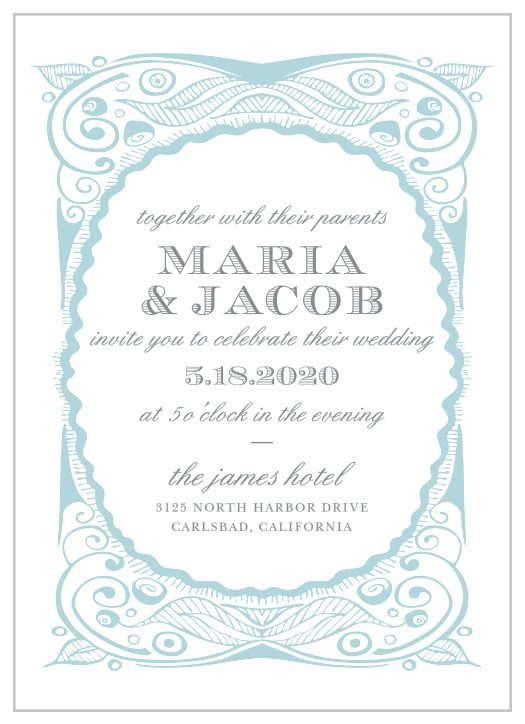 Our Hand Drawn Frame Wedding Invitations feature beautiful, arctic-blue swirls interconnecting in intricate designs.