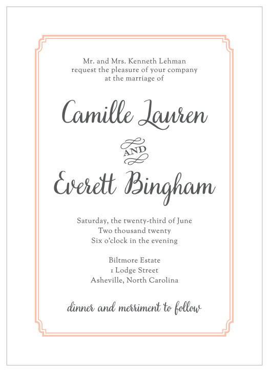 Elegantly framed by peach pink lines and written in a combination of scintillating serif and a simple sans-serif, our Utterly Chic Wedding Invitations are an excellent way to formally announce your wedding.