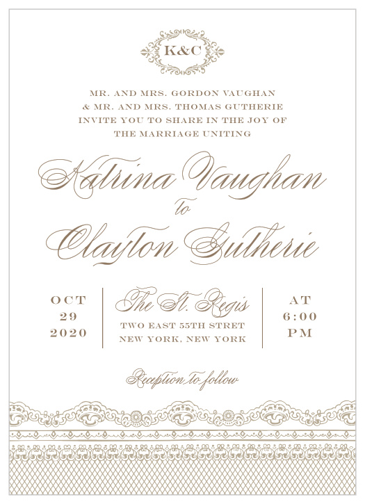 Elegant, swirling calligraphy, a victorian styled emblem, and a gorgeous vintage lace design makes the Lace Couture Wedding Invitations an irresistible choice! 