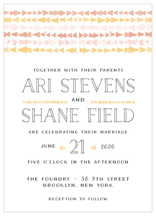 The Brooklyn Loft Wedding Invitations are decorated with graphics of watercolored geometric designs in shades of orange, pink, and yellow.