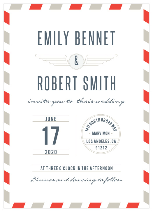 Retro wings and stamp details make the Antique Airmail Save-the-Date Cards a fun way to invite friends and family to your destination wedding. 