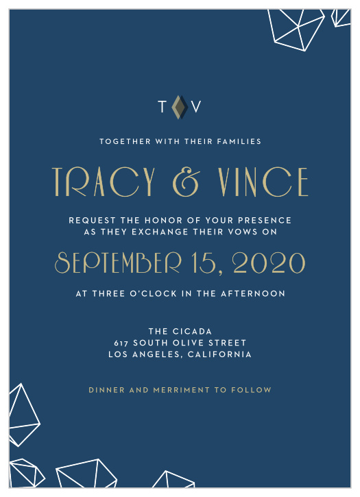 Three dimensional diamonds are tastefully scattered across the edges of the Modern Deco Wedding Invitations.