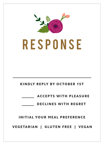The title of our Bold Blooms Response Cards is a block-style lettering, with thick characters, wide spacing, and an earthy pecan-color.
