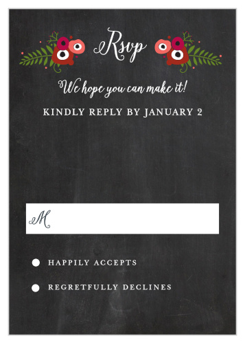 Beneath the gorgeous calligraphy and gentle blossoms that title our Chalkboard Blossom Response Cards, your guests can write in all of their important details: their attendance (or not), their meal preferences, and anything else they feel you should know.