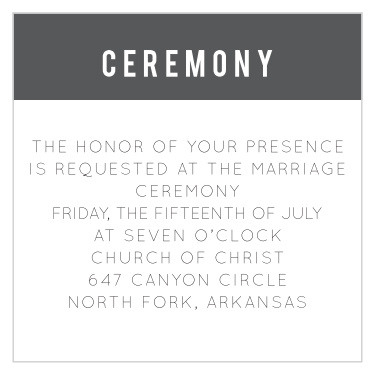 Pure elegance in its simplicity, the bold stripes of our Scrolls and Scallops ceremony card is the perfect accessory for the Scrolls and Scallops invitation's bold stylings. Customize the colors and fonts of this ceremony card to match your invite and your style perfectly.