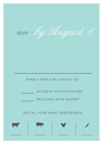 Composed from the heart, in glass blue and embellished with retro script and french grey illustrated meal options, the Note Home Response Cards are a charming choice for your RSVPs!