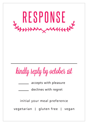 A perfectly pomegranate-pink title declares the purpose of our Simply Krafty Response Cards, separated from the rest of the card by intersecting vines in the same color.